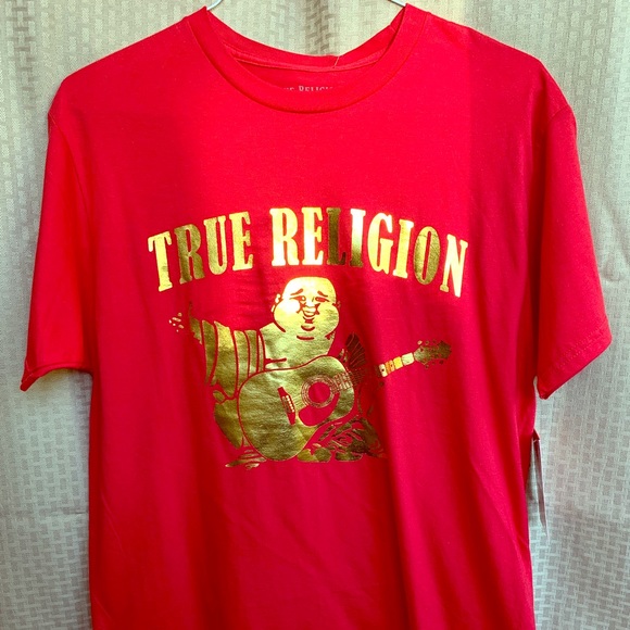 red and gold true religion shirt